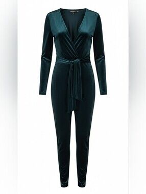 PrettyLittleThing Emerald Green Velvet Wrap Jumpsuit US 6